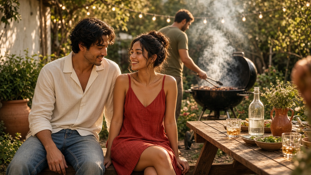 Golden hour backyard barbecue with linen shirts and denim