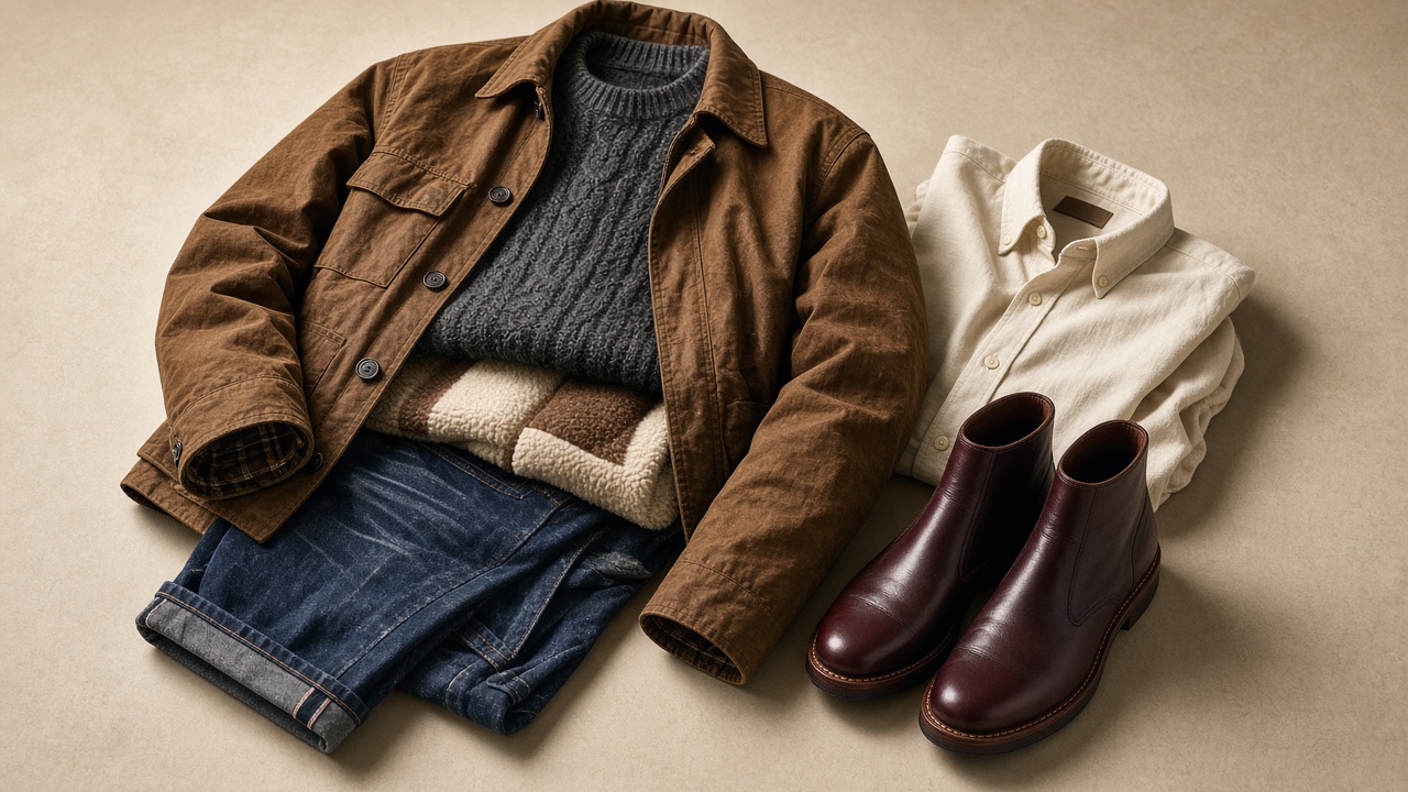 Editorial still life of a fall menswear uniform: waxed jacket, cable-knit sweater, selvedge denim, cordovan boots, oxford shirt, and fleece.